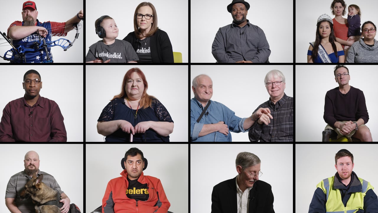 Composite icon of several head on shots of people with different disabilities.
